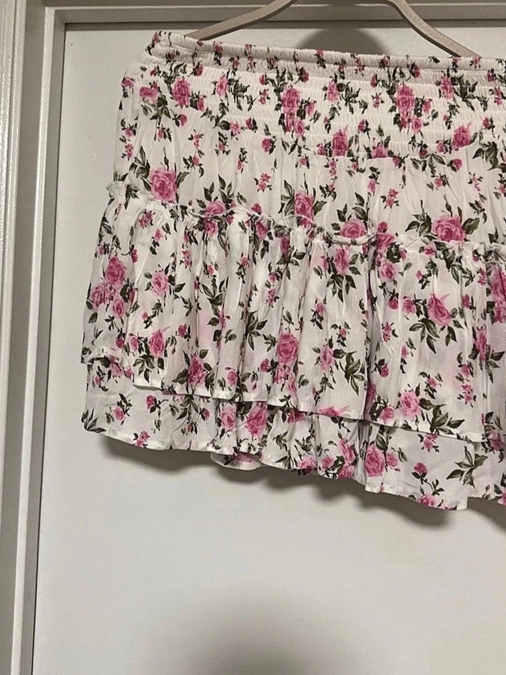 Endless Rose Floral Smocked Waist Ruffle Miniskirt in White & Pink